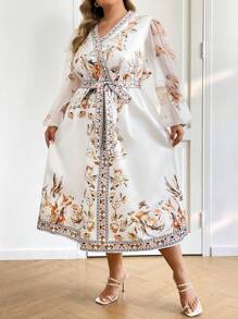 SHEIN CURVE+ CURVE PLUS /Valentine's Day/Elegant Party Occasion & Date Night Plus Size Midi Dress, Crossover V Neck With Belt, Floral Mesh Print, A-Line Flared Skirt, Spring Autumn - Z,Valentines,Rose,Heart,Polka Dot,Love,Lip,Cupid,3D Flower - Multicolor - View 6