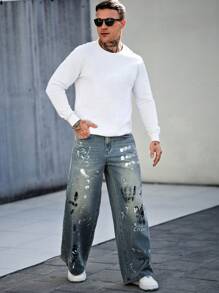 Manfinity LEGND 男士休闲简约口袋印花宽松牛仔裤，日常穿着 - 淺色水洗藍 - 查看 6