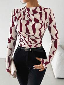 SHEIN PETITE Asymmetrical Geometric Ruched Collar Long Sleeve Casual T-Shirt For Women Graphic Tees Women Tops For Spring