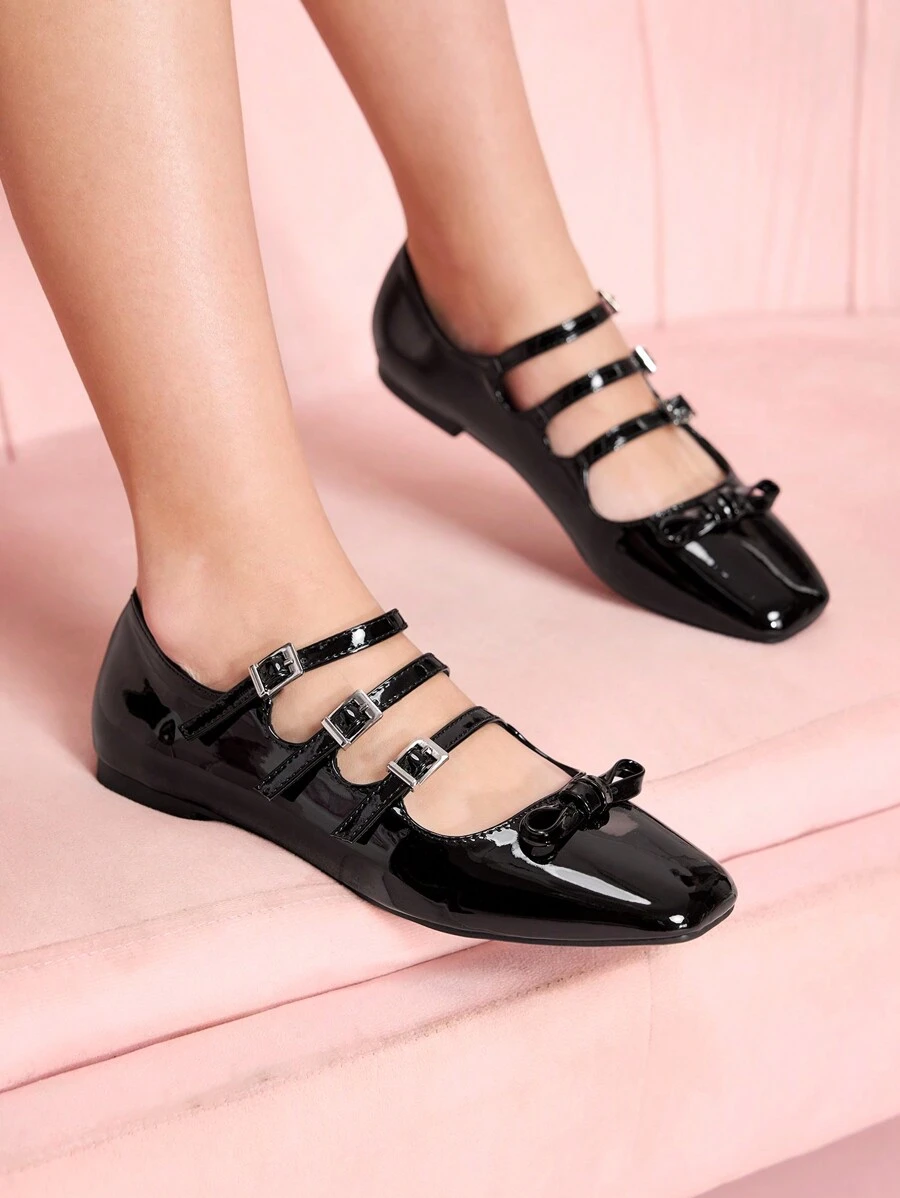 CUCCOO DOLLMOD Sepatu Flat Wanita Modis Serbaguna Warna Polos dengan Hiasan Pita dan Ujung Persegi untuk Musim Semi, Liburan Musim Semi, dan Paskah. - Hitam - View 1