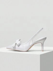 MOTF PREMIUM WOMEN SILVER BOW DECOR HIGH HEELS, CUTE ELEGANT PUMPS FOR COMMUTE, DATE, WEDDING, OFFICE, FORMAL PARTY