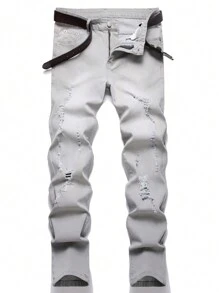 Manfinity Homme 男式休闲破洞锥形牛仔裤 - 淺灰色 - 查看 1