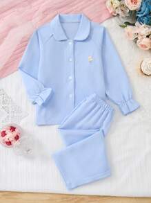 1 Conjunto de Top de manga larga tejido en azul claro, pantalones y cuello con bordado de flor amarilla para niñas, vestimenta casual cómoda