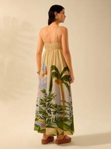 CAJUNI Damen Boho bunte tropische Palmen & Papagei Regenwald bedrucktes ärmelloses Schirm-Kleid, lässige Sommer Urlaubskleidung