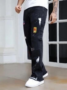 ROMWE MEN Street Life Men's Embroidered Distressed Black Denim Jeans - Medium Wash - View 4