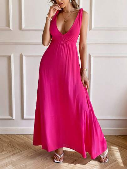 SHEIN VCAY VCAY Trang phục ngày lễ tình nhân cho phụ nữ mùa xuân 1 chiếc váy dệt trơn màu cổ chữ V hở vai hở lưng màu đỏ