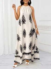 SHEIN Lady 女士优雅印花蕾丝边长款露背连衣裙 - 白色 - 查看 3