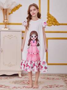 SHEIN Leap Crew 青少年女孩可爱卡通女孩花卉印花圆领盖袖宽松针织睡袍，适合家居服和户外穿着，深玫瑰印花，斋月假期 - 粉色 - 查看 3