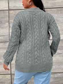 EURMUSE Plus Cable Knit Drop Shoulder Sweater, For Winter - Grey - View 2
