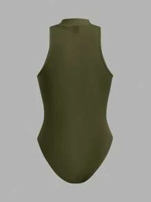 SHEIN BASICS Women's Solid Color Stand Collar Sleeveless Slim Fit Casual Bodysuit - Army Green - View 2