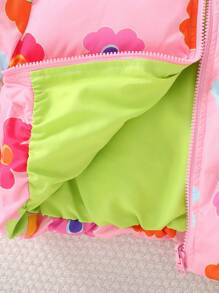 SHEIN Young Girl Loose Fit Ditsy Floral Stand Collar Pockets Short Padded Coat, Casual - Pink - View 6