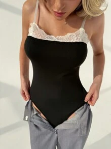 Aloruh New Elegant Lace Splicing Contrast Color Sexy Spaghetti Strap Bodycon Bodysuit - Black - View 3