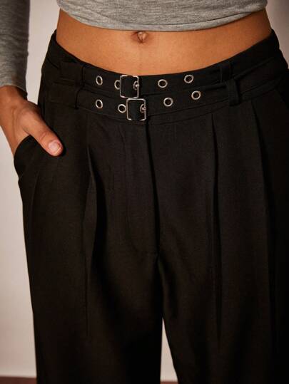 Forever 21 Long Black Dress Pants With Double Strap Metal Adjustment