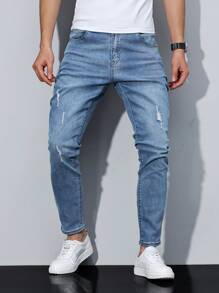 Manfinity Homme 男式休闲破洞锥形洗水牛仔裤 - 淺色水洗藍 - 查看 7