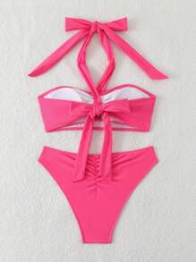 SHEIN Swim 优雅 3D 花卉装饰吊带夏季泳装比基尼套装，休闲沙滩装 - 玫紅色 - 查看 2