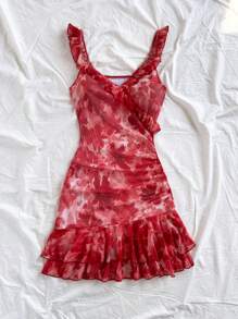 Soleia Women's Casual Vacation V-Neck Ruffle Hem Sleeveless Flared Gathered Dress, Double Layered Ruffle Hem