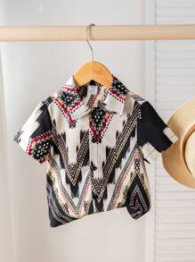 SHEIN Cardigan Kasual Lengan Pendek Berkerah Motif Tradisional untuk Bayi Laki-laki - MultiWarna - View 7