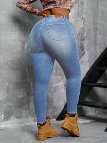 SHEIN SXY Jeans ajustados y elásticos de talla grande para mujer, estilo vitage