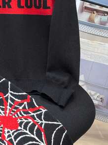 2pcs Kids Boys Casual Street Style Spider Web Pattern Crew Neck Sweater & Banded Hem Knitted Pants Outfit Set - Black - View 5