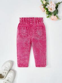 SHEIN Infant Girls' Fashionable Floral Waist Casual Wash Denim Jeans With Unique Distressed Details, Versatile Streetwear, 2025 Valentine's Day Essentials - Pink - View 2