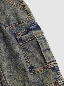 SHEIN Y2K Punk Streetwear Vintage Washed 2000s Retro Low Rised Casual Denim Flare Cargo Pants For Teen Girls,Leisure And Versatile For Fall/Winter Daily Wear Clothes Outfits - Dark Wash - View 3