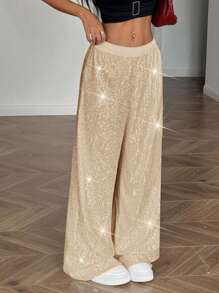 SHEIN EZwear Pantalones sueltos con lazo delantero y lentejuelas a la moda para fiesta