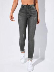 SHEIN EZwear SpringHigh Waist Ripped Skinny Jeans - Grey - View 3