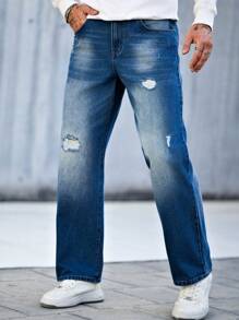 Manfinity Homme 男士简约直筒破洞口袋牛仔裤，休闲日常穿着