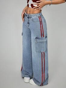 SHEIN EZwear Women's Solid Color Patchwork Front Button Casual Jeans, Everyday Wear - Blue - View 3