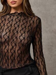 SHEIN BAE Fashionable Sexy Sheer Lace Long Sleeve Blouse - Black - View 5