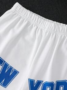 2pcs/Set Tween Boys Solid Color Big Letter Print Short Sleeve Round Neck T-Shirt And Elastic Waist Shorts Outfit, Suitable For Autumn, Spring, Summer, Great For Outdoor Play, School, Street Style, Party And Casual Wear