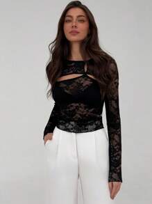 Aloruh Áo dài tay hở vai ren xuyên thấu gợi cảm ngày lễ tình nhân dành cho nữ - màu đen - Xem 6