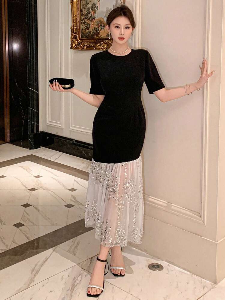 Women's Solid Color Splice Round Neck Short Sleeve Elegant Casual Dress,Dress For Wedding Maxi Dress