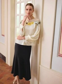 ZEYLAH CONTRAST MESH FLORAL Applique PATCHED LONG SLEEVES BLOUSE, SATIN BLOUSE,SPRING/SUMMER - Apricot - View 3