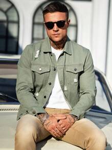 Manfinity Homme Men's Green Distressed Denim Jacket - Army Green - View 4