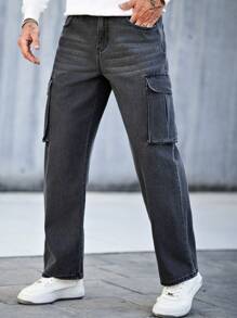 Manfinity Homme Men's Black Loose Straight Leg Cargo Jeans - Black - View 4
