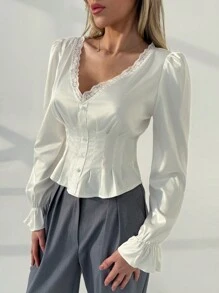 Aloruh Women's White Deep V-Neck Puff Sleeve Lace Patchwork Pleated Waist Long Sleeve Satin Blouse - White - View 4