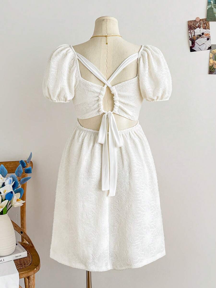 Dreamara Plus Size Women Romantic White Jacquard Fabric Ruffle Short Sleeve A-Line Mini Dress, Spring Wedding Season Vacation - White - View 1