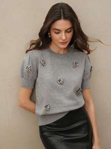 Anewsta Women's Elegant Modern Embellished Colorful Rhinestone Puff Sleeve Solid Color Knit Sweater Top, Suitable For Valentine's Day, New Year's - Grey - View 6