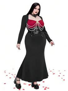 Whyspr Goth Punk Plus Size Women Square Neck Faux Pearl Chain Decor Colorblock Long Sleeve Vintage Elegant Party Dress,Valentine - Black - View 3