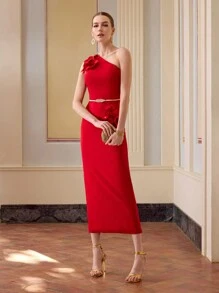 ZEYLAH WOMEN'S FLORAL PATCHED ONE SHOULDER MIDI DRESS FOR VALENTINE'S DAY OUTFIT, EVENING DRESS, ELEGANT STYLE,SPRING/SUMMER - Red - View 7