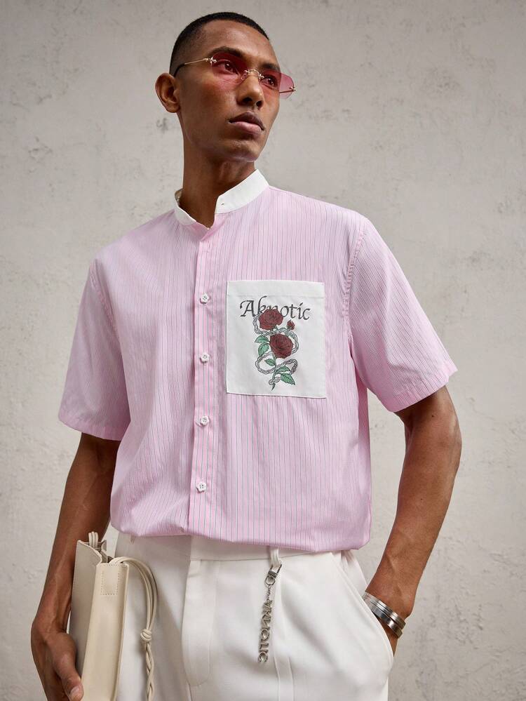 Chemise casual à col montant slim fit avec imprimé rose rose contrastant, convenant pour le port quotidien, les vacances, les mariages, les assortiments de couple, printemps/été