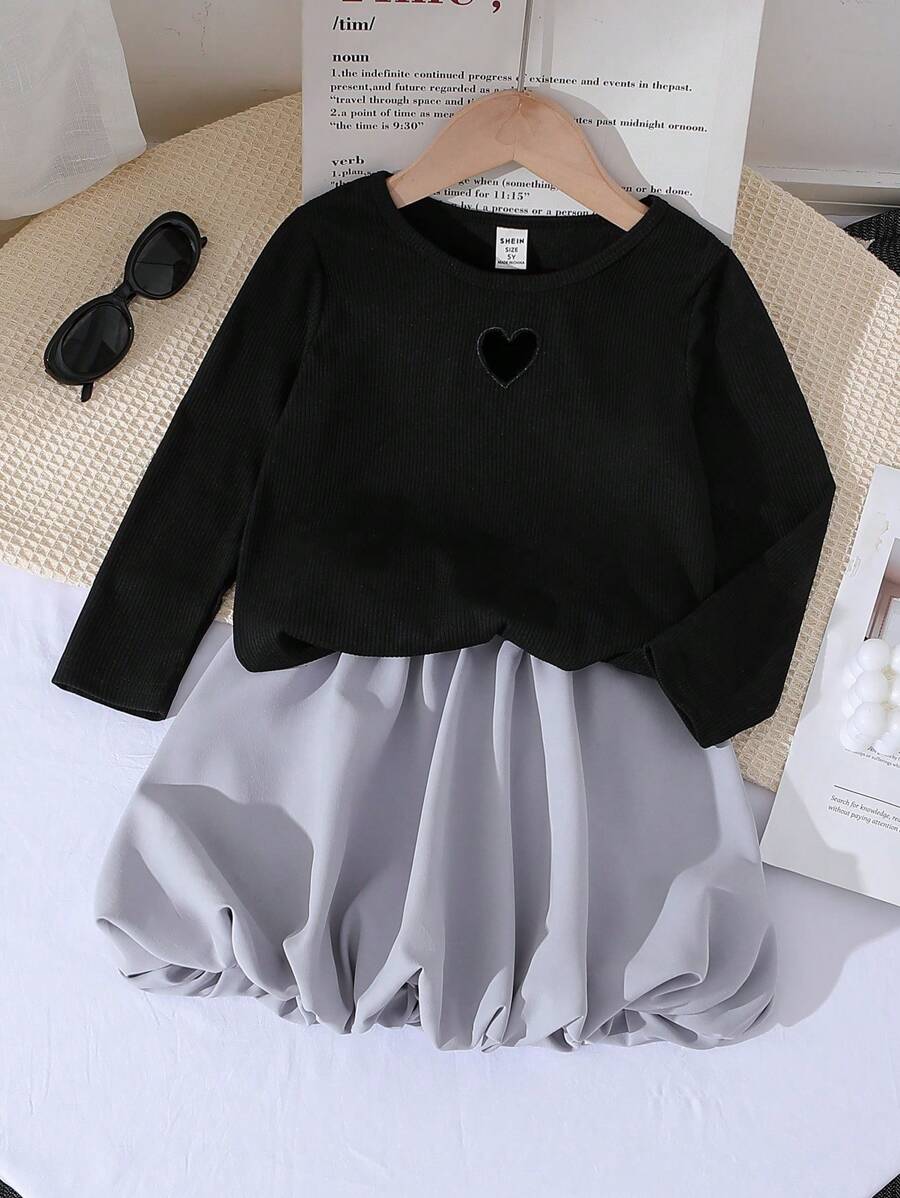 SHEIN Young Girls Open Knit Heart Pattern Casual Lightweight Long Sleeve Top And Elastic Waist Flared Hem Skirt 2 Pieces Set, Cute Fashion Summer Outfit