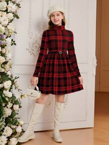 SHEIN Robe tricotée à manches longues à taille haute avec imprimé tartan, pour ado, idéale pour Noël, l'automne ou la rentrée scolaire - Rouge - Voir 6