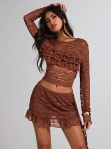 SHEIN BAE Traje elegante de dos piezas, encaje de pastel, color marrón, ropa de verano, para uso diario, citas, viajes, discoteca, fiesta, trajes de encaje elegantes, atuendos de club para mujer, disfraces de Halloween, atuendos de playa para mujer, vestido de Día de San Valentín, conjunto de verano de dos piezas