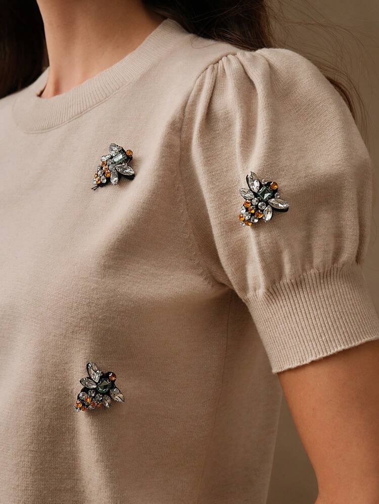 Women Beaded Puff Sleeve Knitted Pullover Blouse Shirt T-Shirt, Valentine's Day, Vacation, New Year's