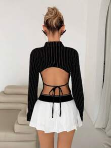 EgrlEra 镂空系带黑白条纹时尚女式衬衫 - 黑與白 - 查看 2