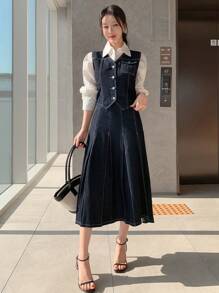 DAZY 女士牛仔外套+牛仔裙两件套 - 深色水洗藍 - 查看 4