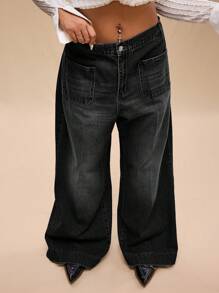 Forever 21 Plus Size Women Distressed Wide Leg Denim Jeans - Black - View 4