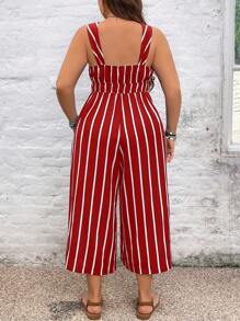 SHEIN VCAY Plus Size Boho Casual Stripe Navy Long Jumpsuit, For Summer - Burgundy - View 2